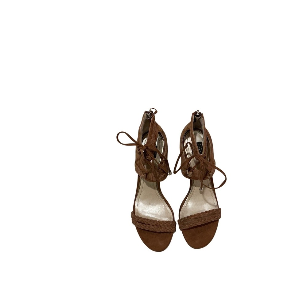 White House Black Market Tan Suede Ankle 3" Heels Back Zip 6.5M Open Toe Boho - Picture 6 of 9